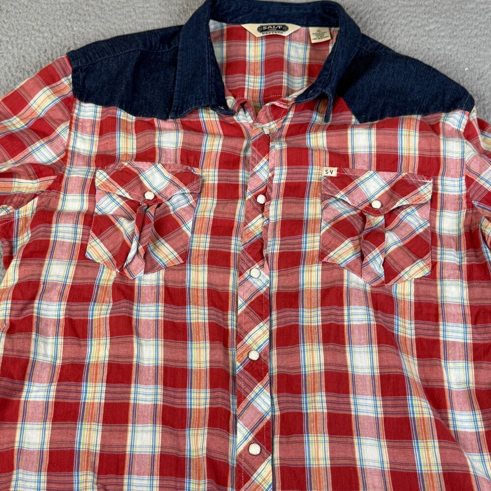 SALT VALLEY Pearl Snap Shirt Mens XL Red Plaid Denim Yoke Rodeo Ranch Rockabilly